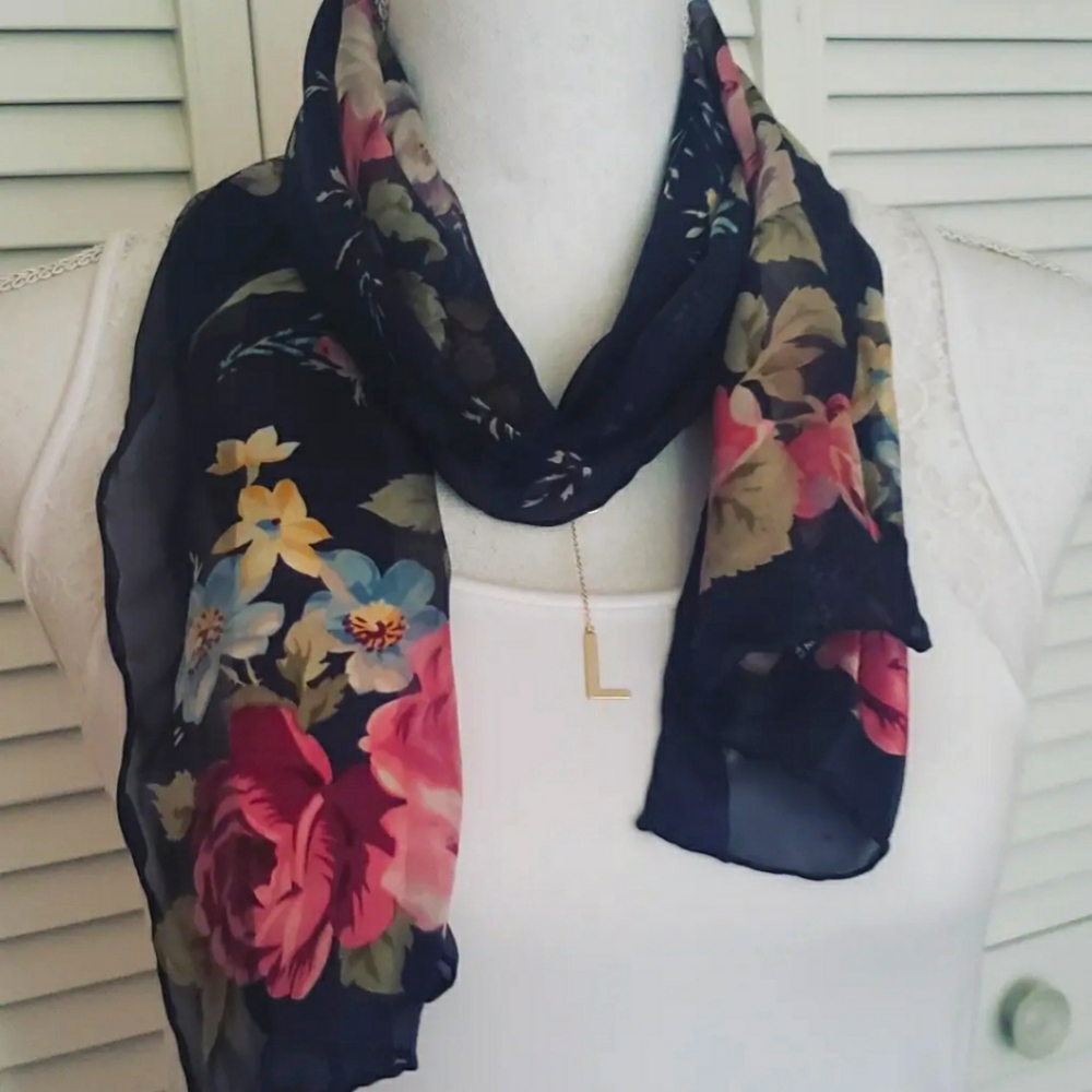 90s Vintage Black Floral Scarf